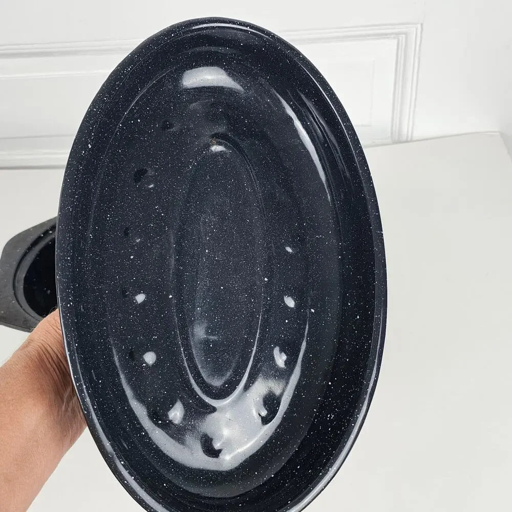 VTG small blue granite ware roaster pan with lid oval EUC